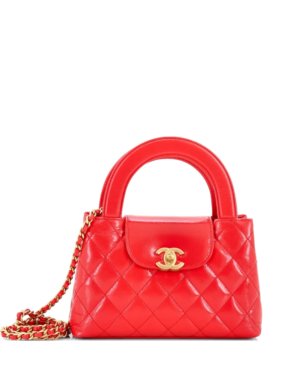 CHANEL Pre-Owned Kelly Top Handle Shopping Bag Quilted Shiny Aged Calfskin Mini satchel - Rosso