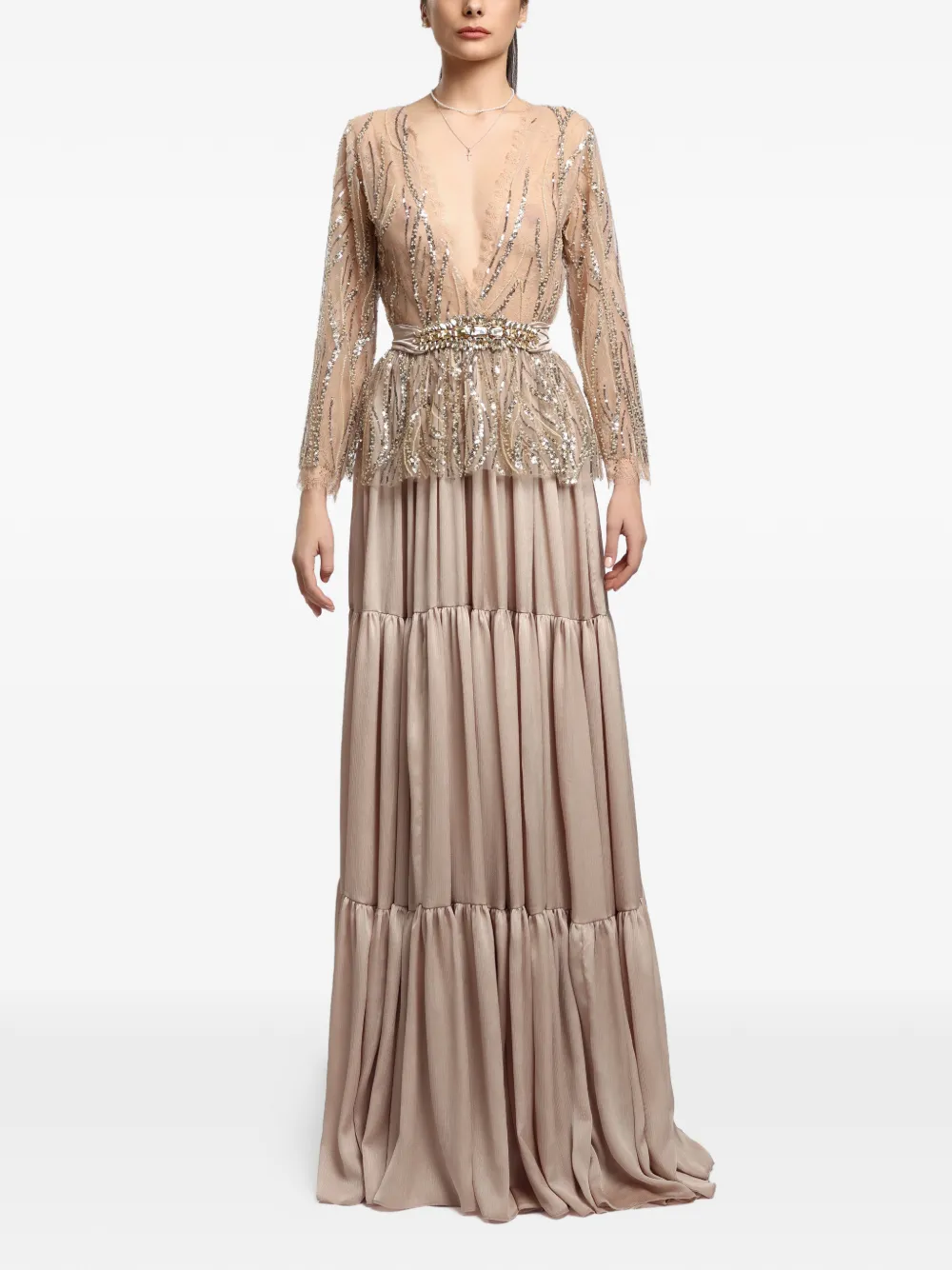 MIAU by Clara Rotescu Amman crystal-embellished tiered maxi dress - Toni neutri