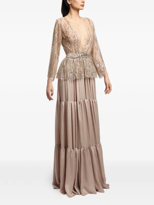 MIAU By Clara Rotescu Amman crystal-embellished Tiered Maxi Dress |  Neutrals | FARFETCH AZ