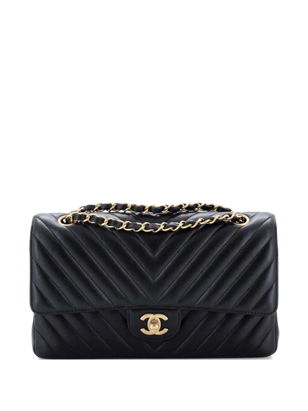 CHANEL Pre-Owned Borsa a spalla Classic Double Flap media in pelle di agnello con motivo chevron - Nero