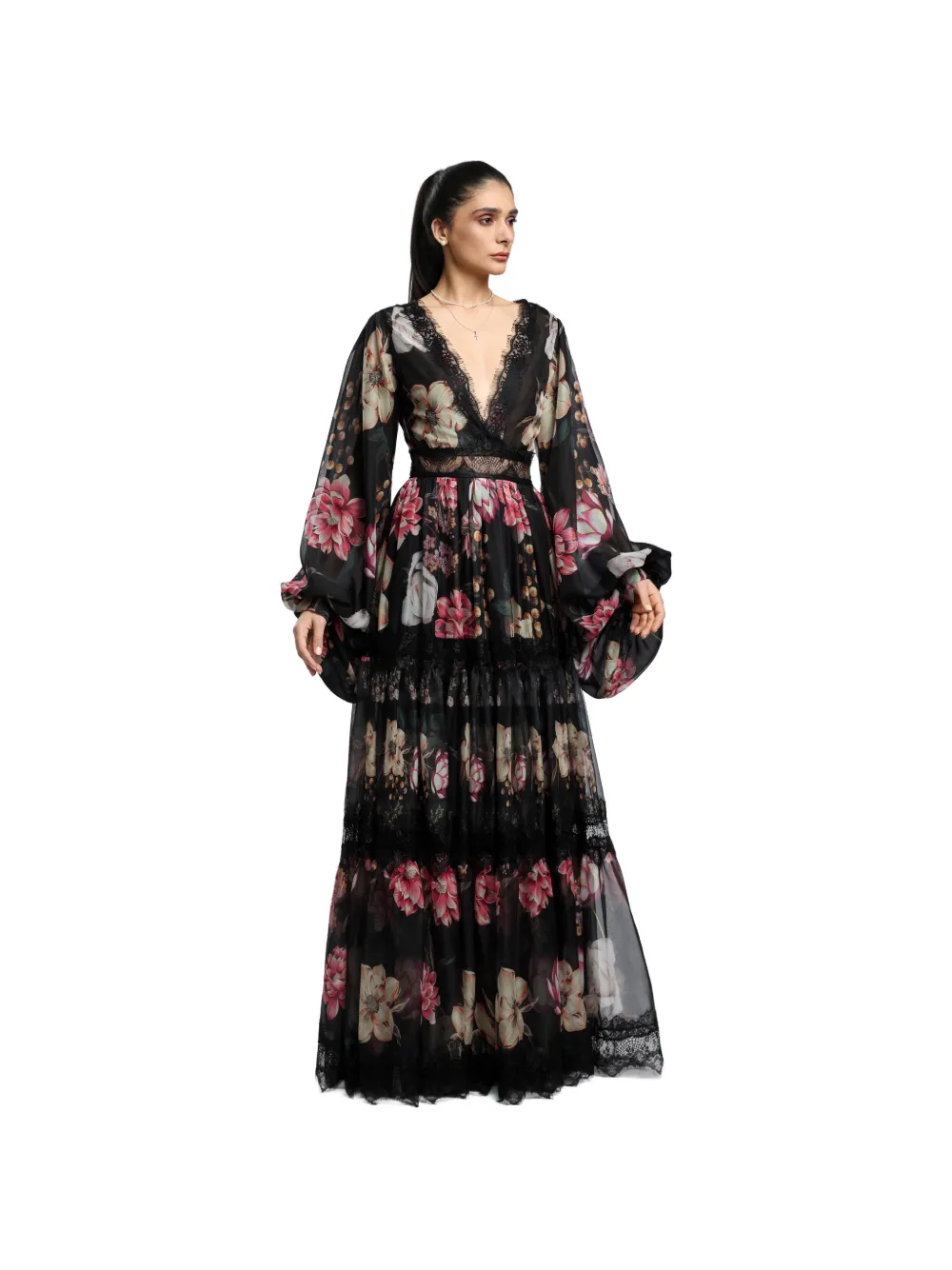 MIAU by Clara Rotescu Lopez floral lace-trim maxi dress - Nero
