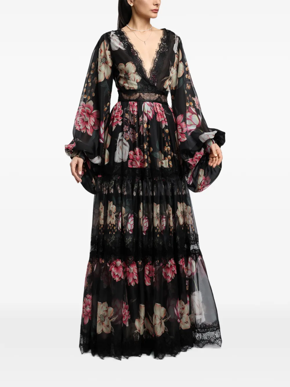 MIAU by Clara Rotescu Lopez floral lace-trim maxi dress - Nero