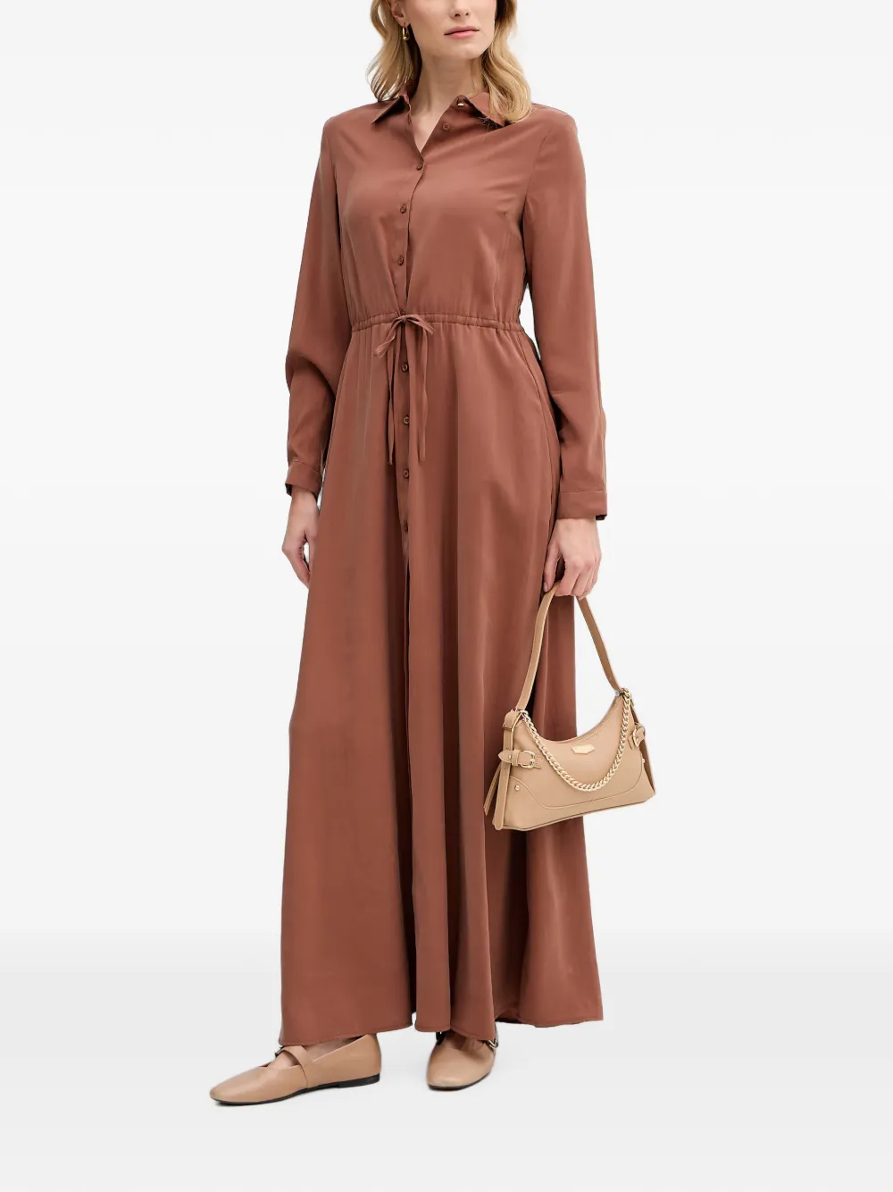 Gaudi Maxi-jurk met trekkoordtaille en lange mouwen Bruin
