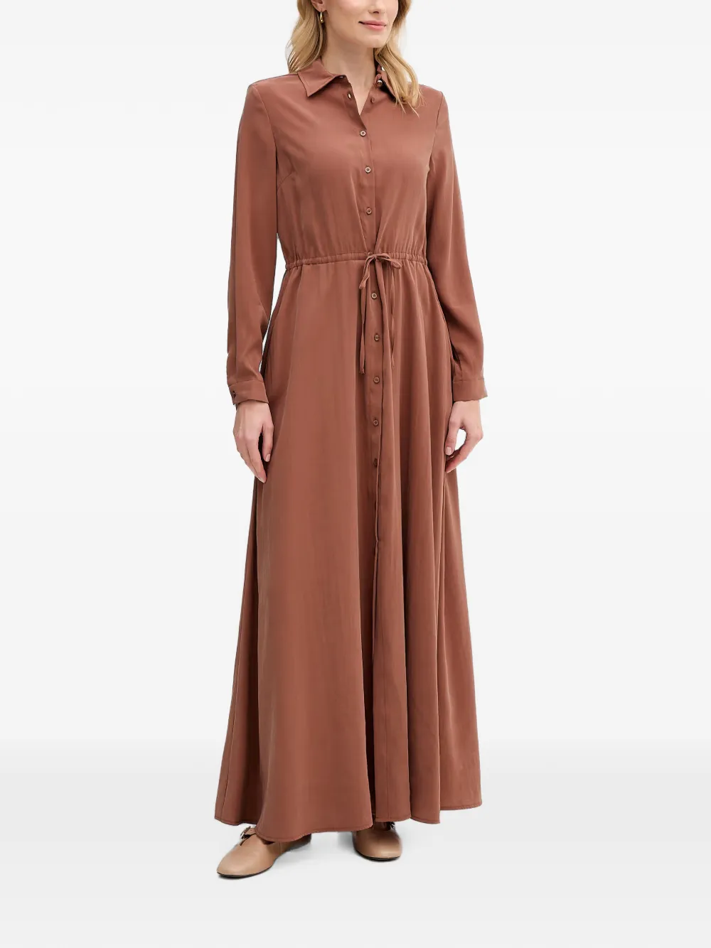 Gaudi Maxi-jurk met trekkoordtaille en lange mouwen Bruin