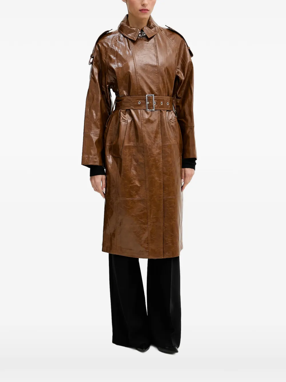 Sisley belted crinkled-finish coat - Marrone