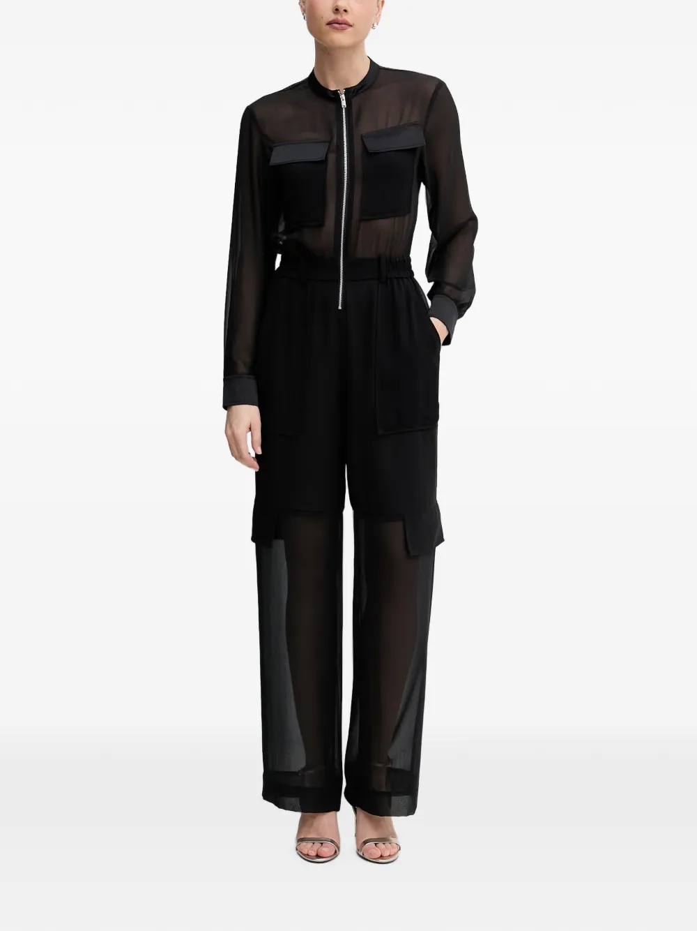 Sisley sheer-panel cargo jumpsuit - Schwarz