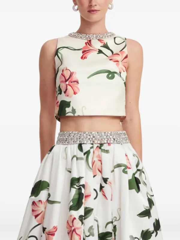 Leo Lin Floral-print Crystal-embellished Top in White