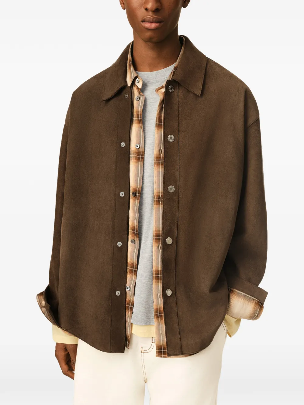 AMI Paris Leren shirtjack met knopen Bruin