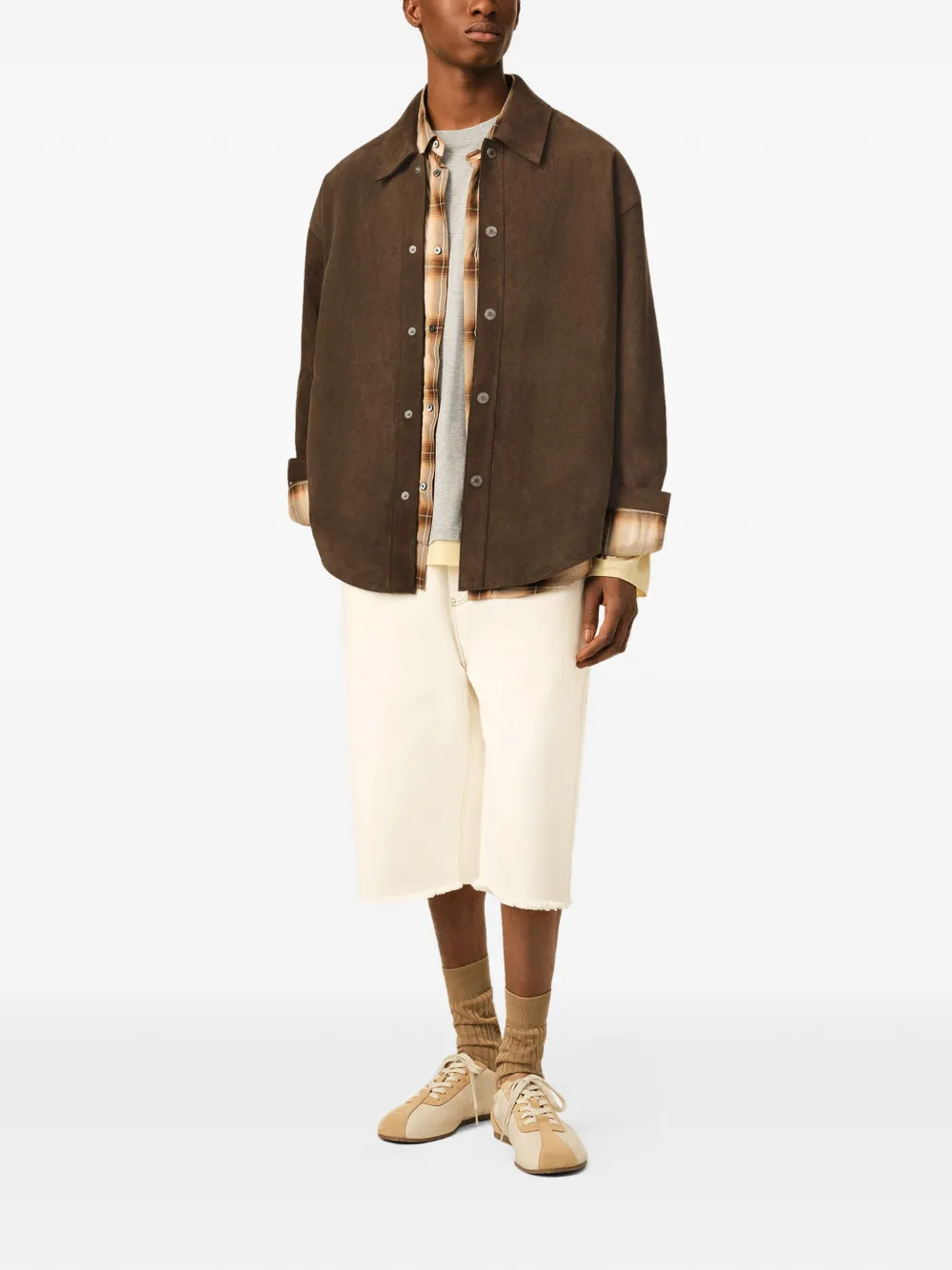 AMI Paris Leren shirtjack met knopen Bruin