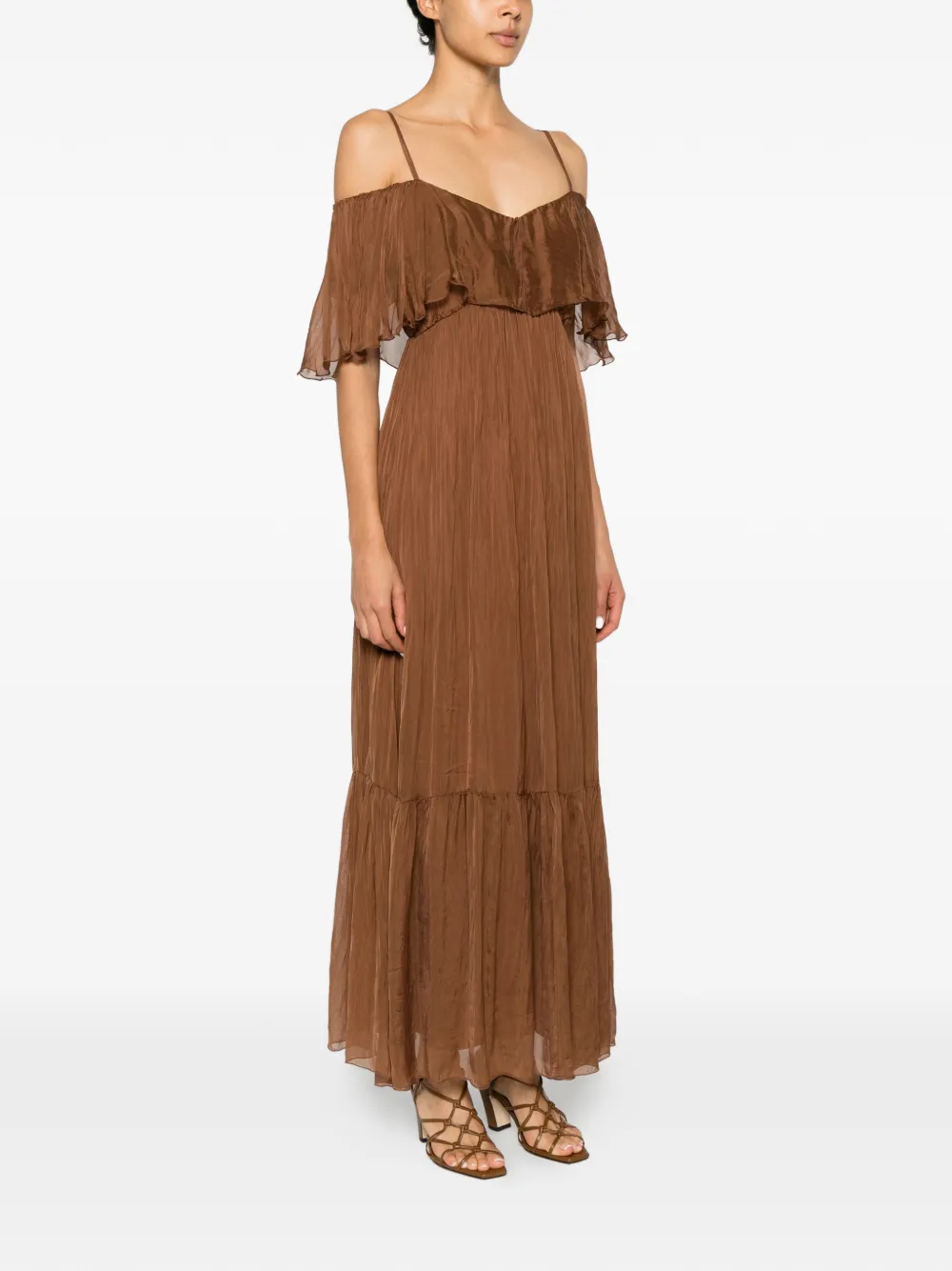  Dixie Abito Lungo In Seta Con Ruches - Marrone 
