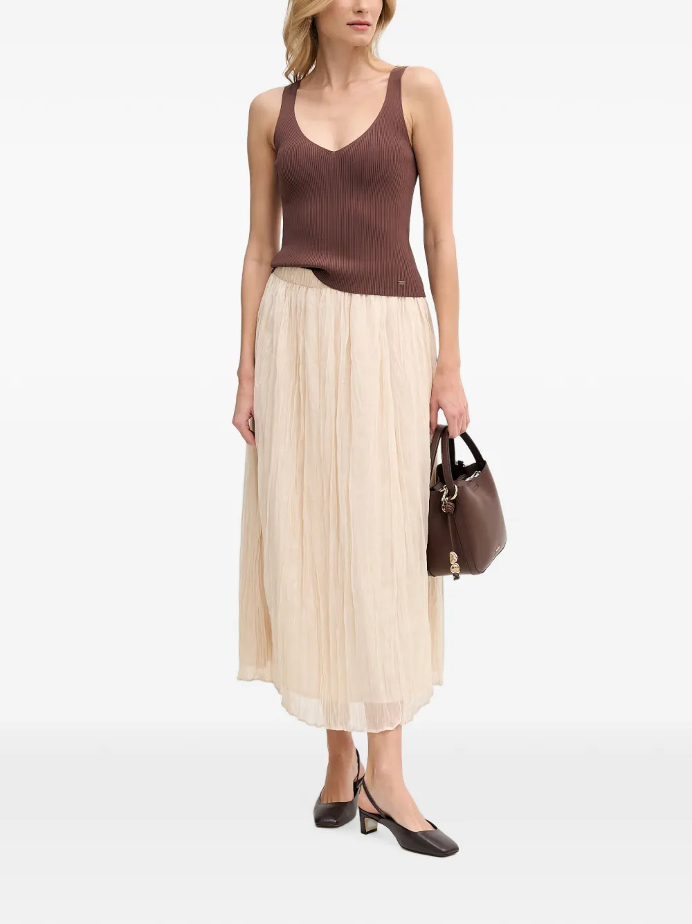 OUI Midi-rok met plooien en elastische taille Beige