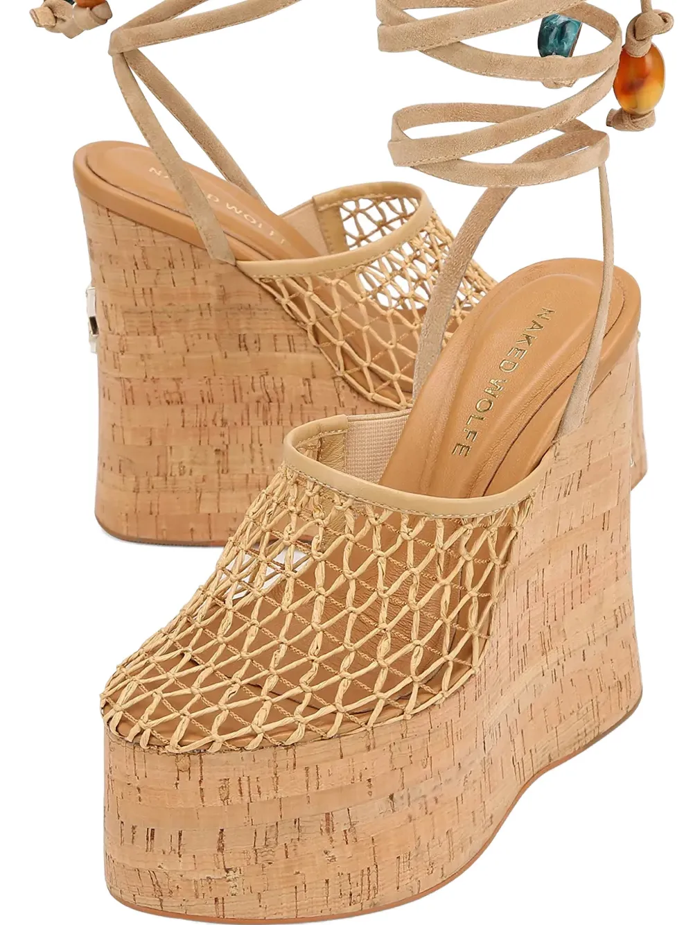 NAKED WOLFE Iris mesh-panelled cork sandals Beige