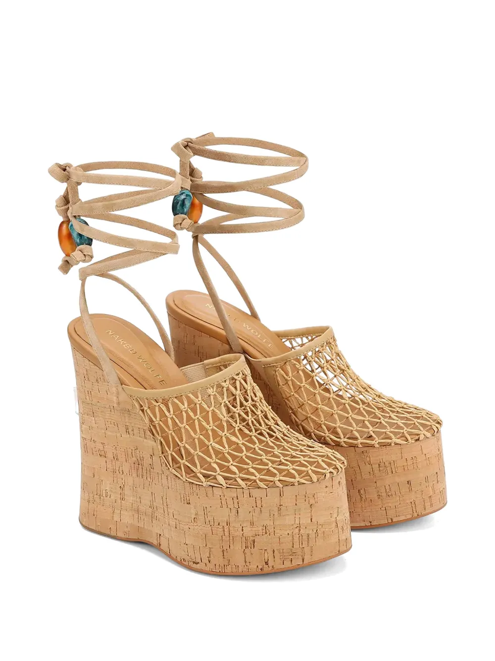 NAKED WOLFE Iris mesh-panelled cork sandals Beige