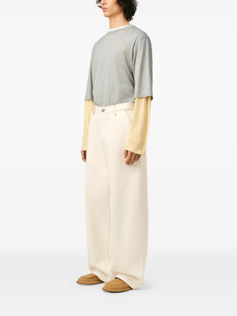 AMI Paris Katoenen broek met wijde pijpen Beige