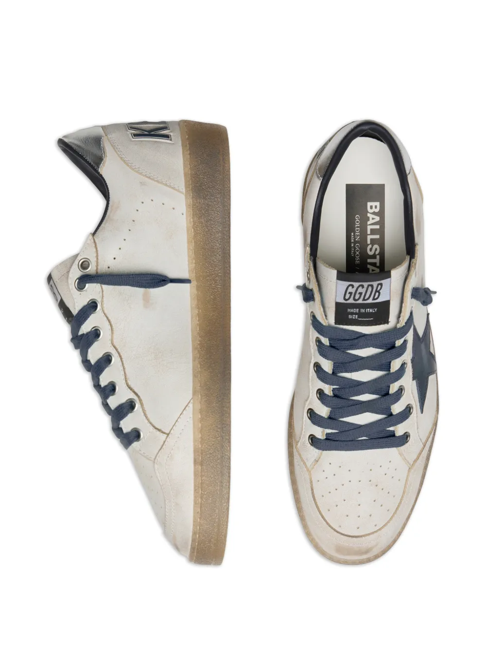 Golden Goose Ball Star in wit leer met donkerblauwe leren ster en zilveren gelamineerde leren hiellussen