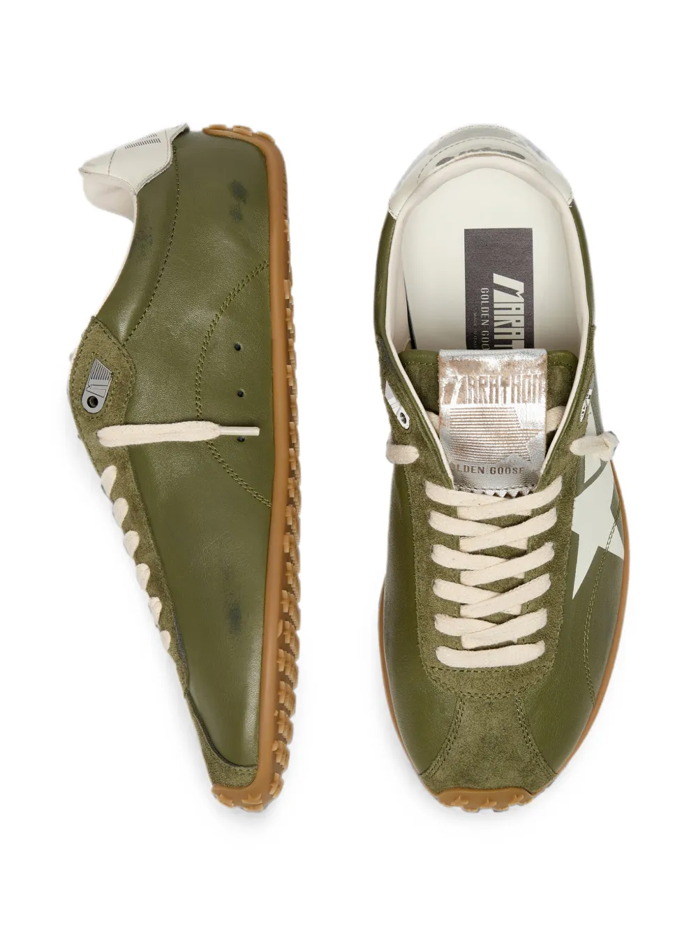 Golden Goose Marathon Speed in olive-green leather with cream star sneakers Groen