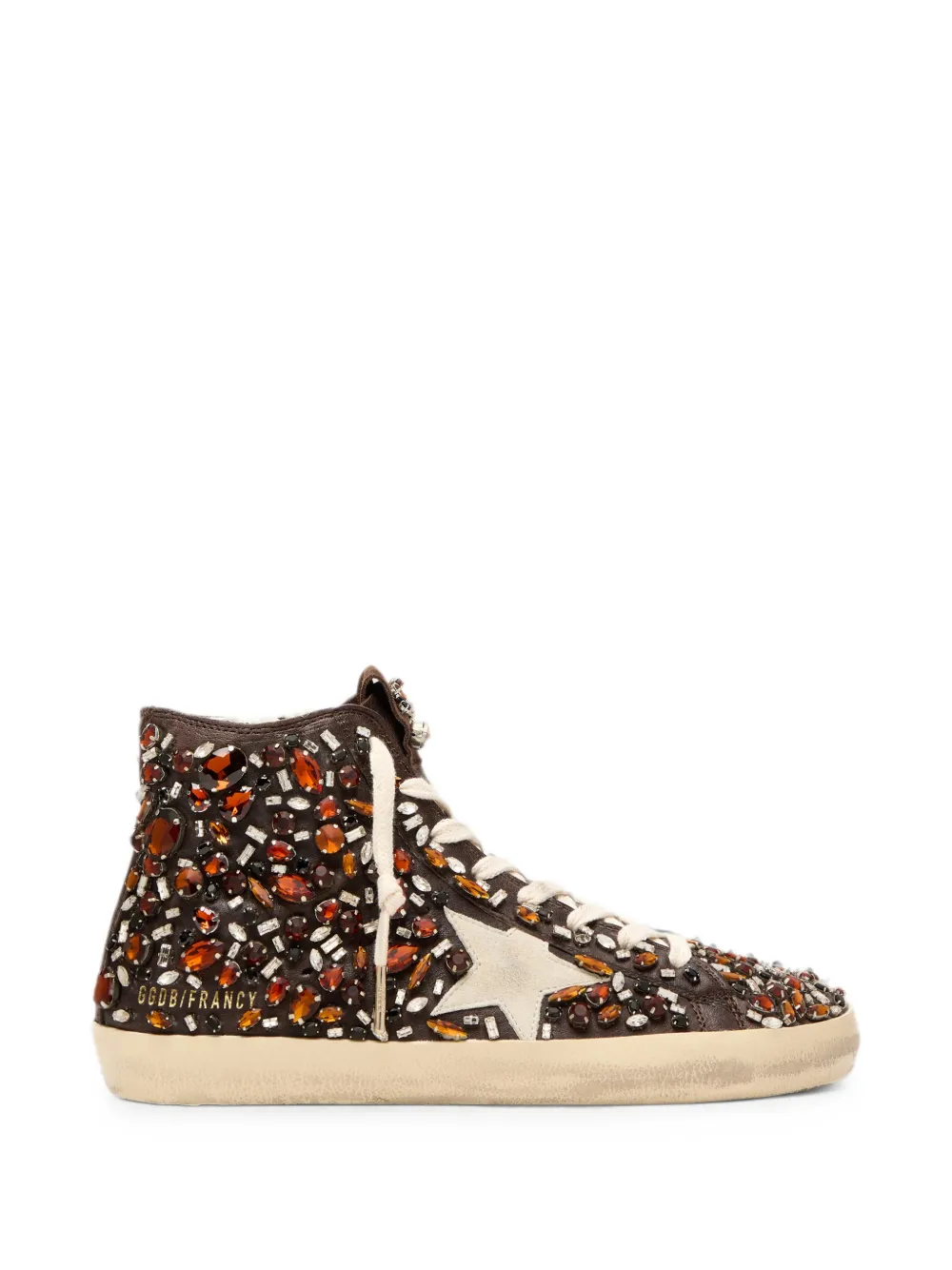 Golden Goose Francy in dark brown leather with multicolor rhinestones and white suede star - Braun