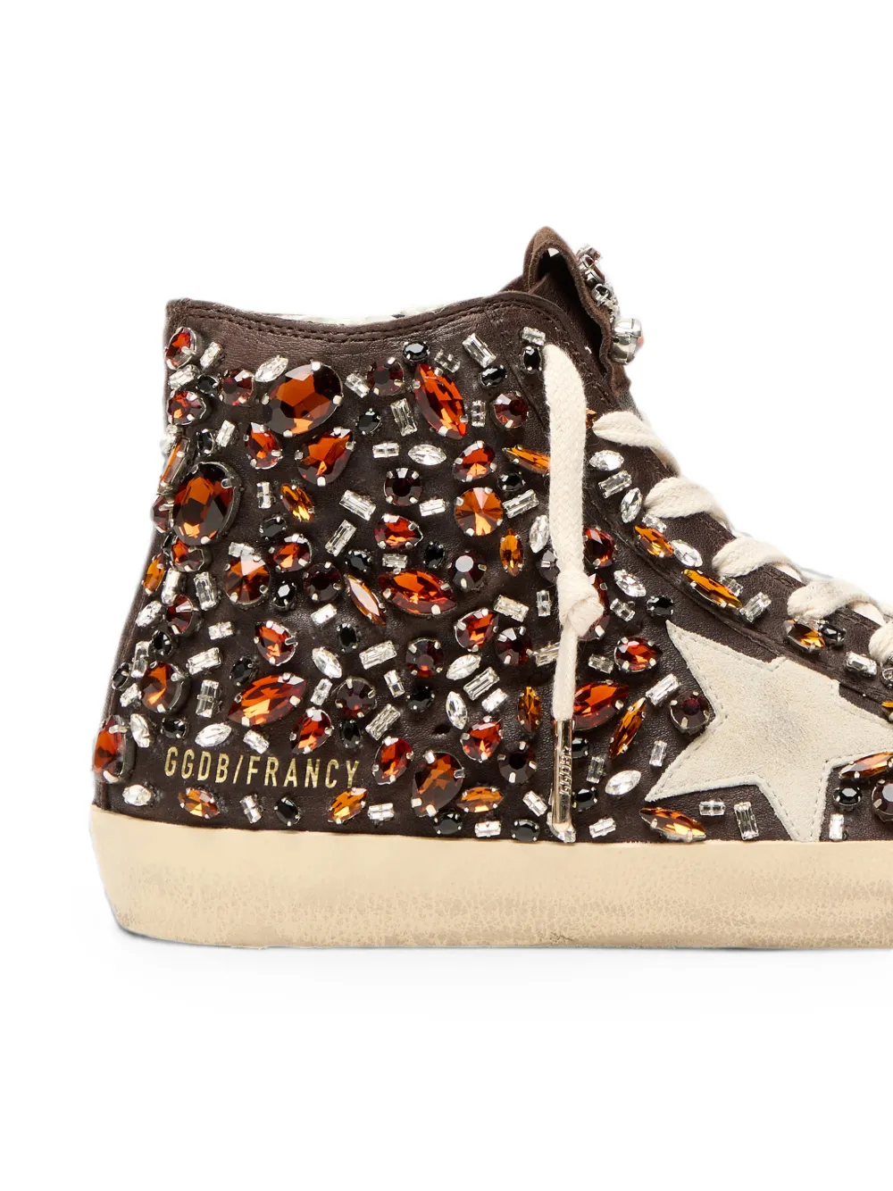 Golden Goose Francy in dark brown leather with multicolor rhinestones and white suede star Bruin
