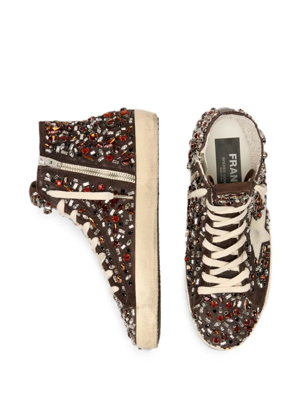 Golden Goose Francy in dark brown leather with multicolor rhinestones and white suede star Bruin
