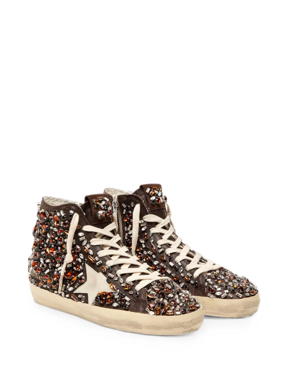 Golden Goose Francy in dark brown leather with multicolor rhinestones and white suede star Bruin