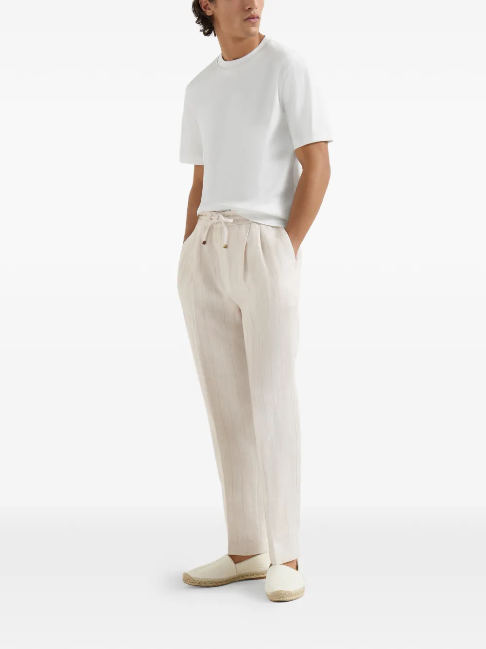 Brunello Cucinelli Linnen krijtstreep chevron broek met trekkoord en dubbele plooien Beige