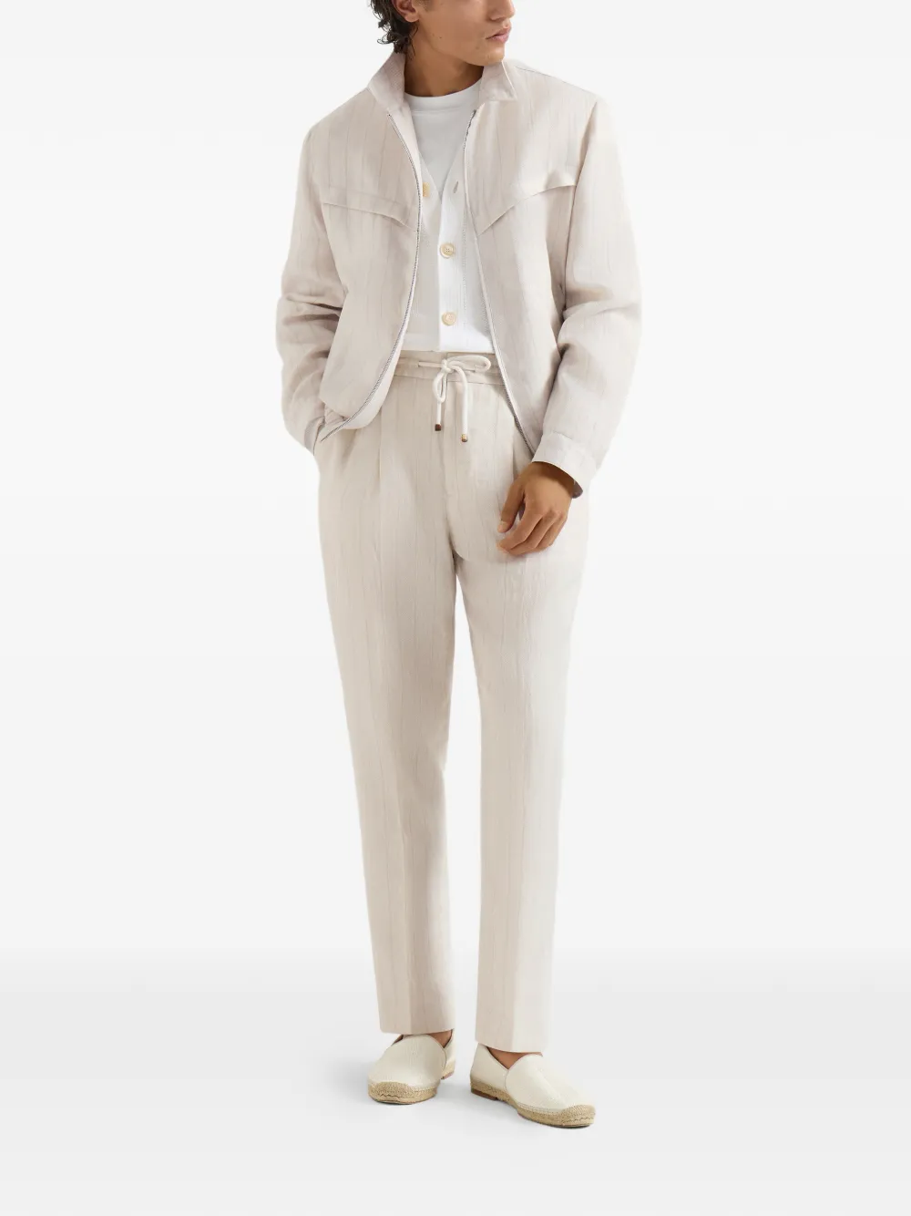 Brunello Cucinelli Linnen krijtstreep chevron broek met trekkoord en dubbele plooien Beige