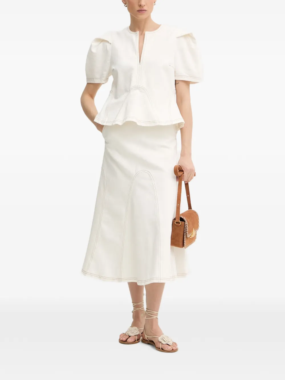 MUNTHE Braylin midi-rok met contrasterende stiksels en A-lijn en logo-patch Wit