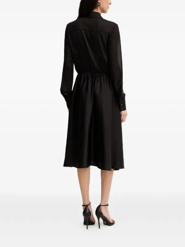 satin button front midi dress Teal Oasis Petite Satin Button Front Long Sleeve Tea Midi Dress