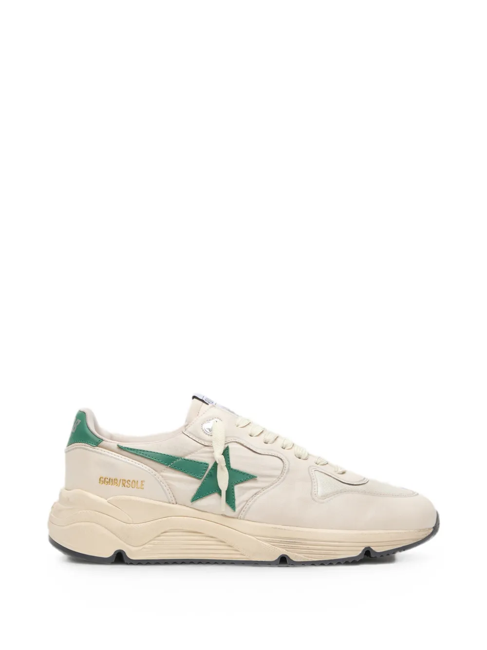 Golden Goose Running Sole in cream nylon and leather with green leather star sneakers - Bianco