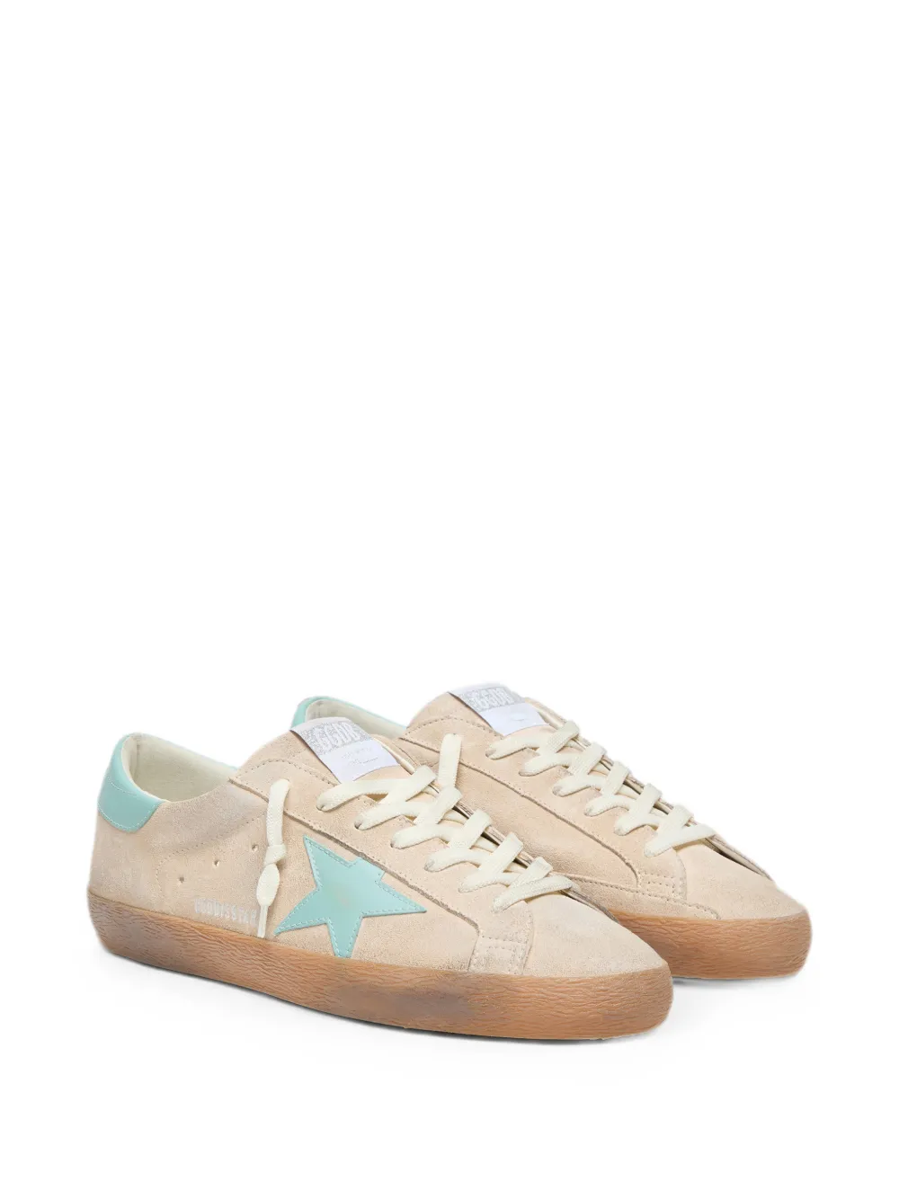 Golden Goose Super-Star beige suède sneakers met aqua-groene ster