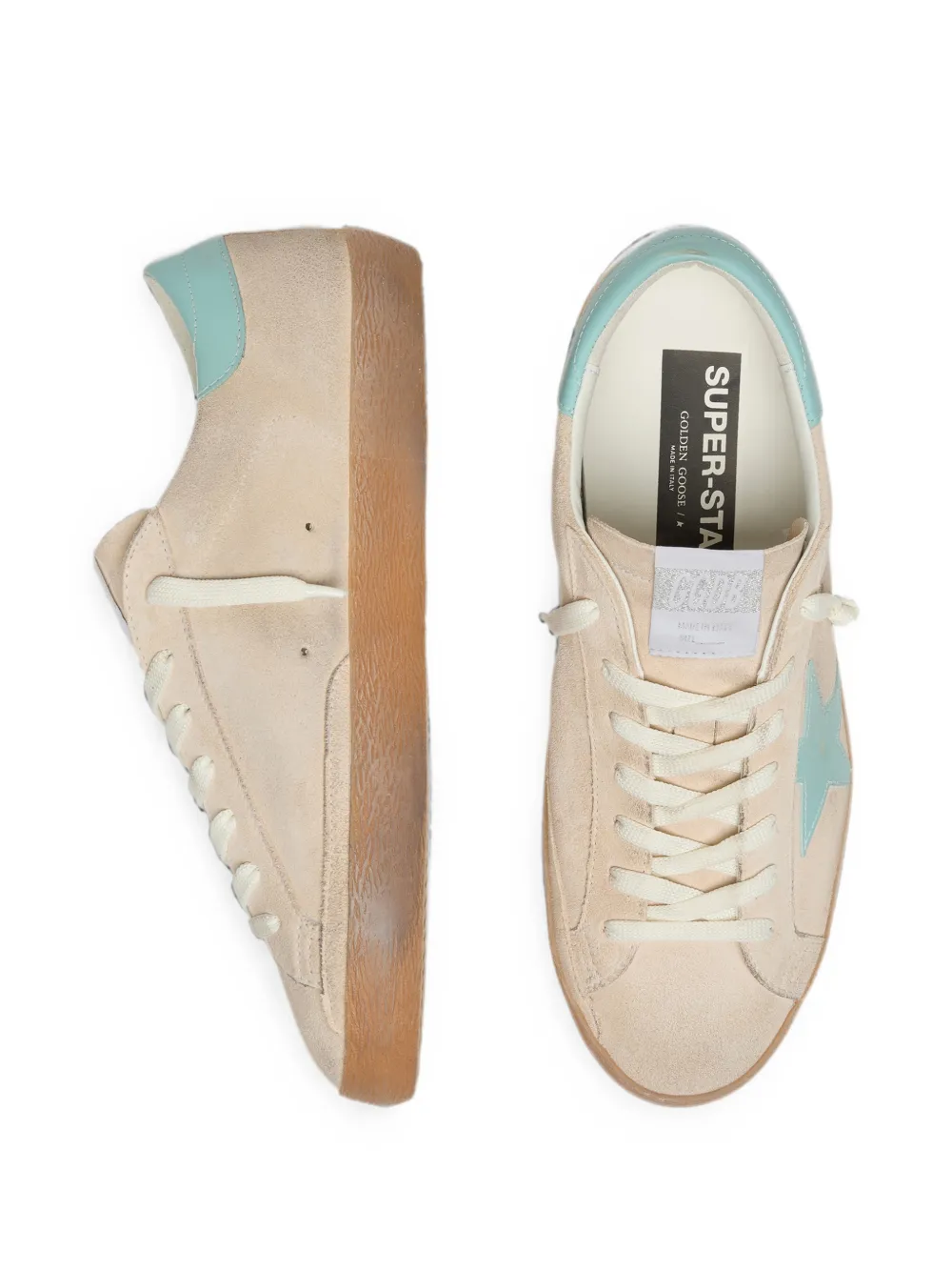 Golden Goose Super-Star beige suède sneakers met aqua-groene ster
