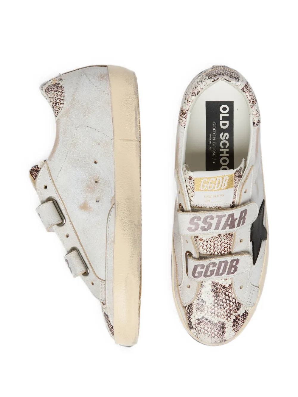Golden Goose Old School witte leren sneakers met zwarte leren ster en slangenprint