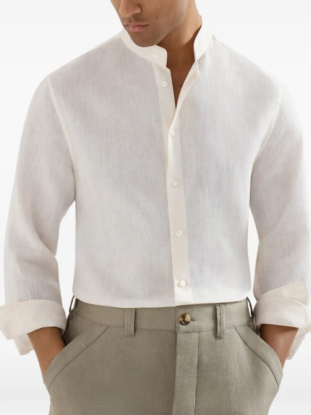 Brunello Cucinelli Linnen overhemd met Mandarin kraag Beige