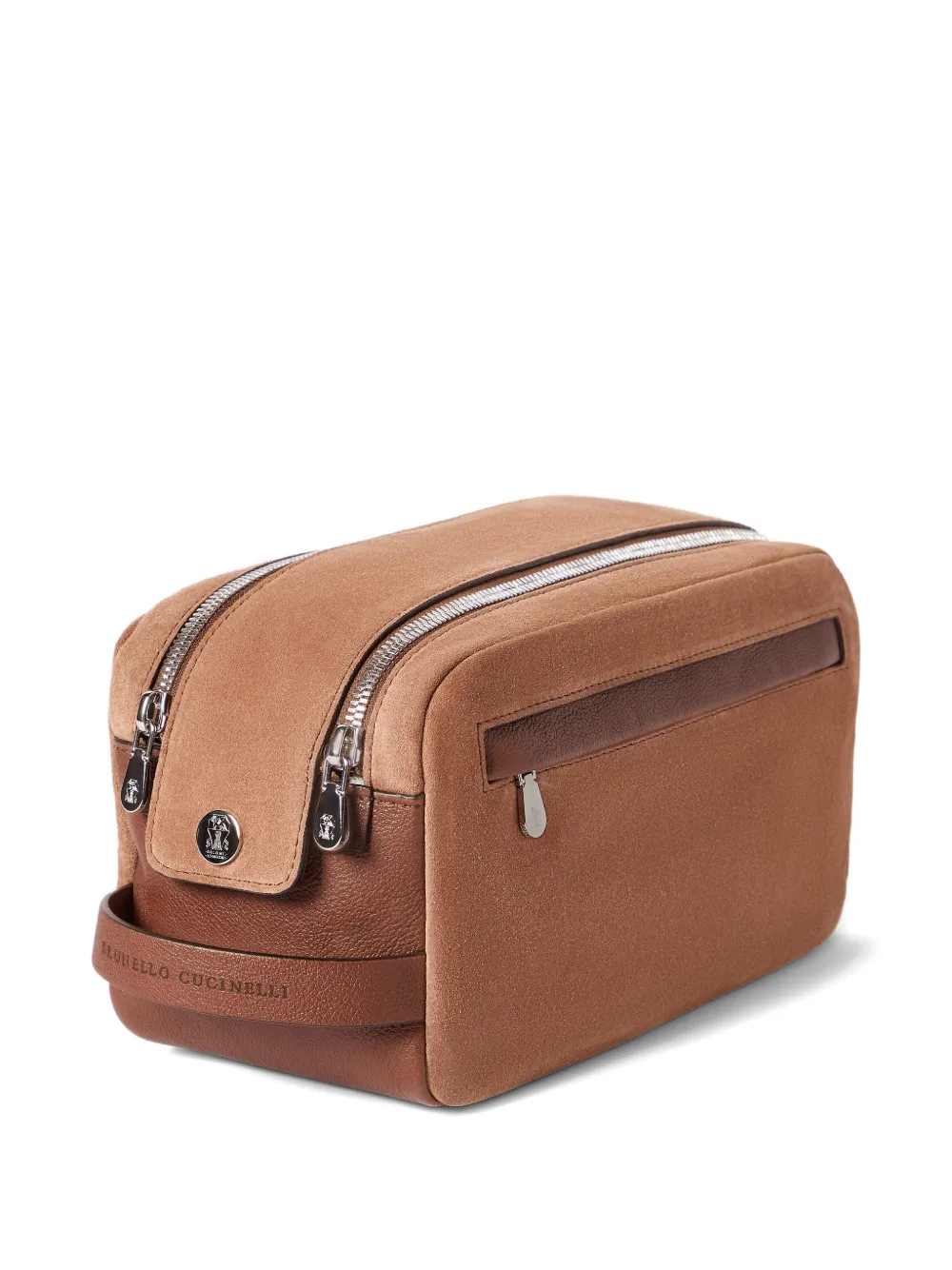 Brunello Cucinelli Suède en buffelleren toilettas met dubbele rits Bruin