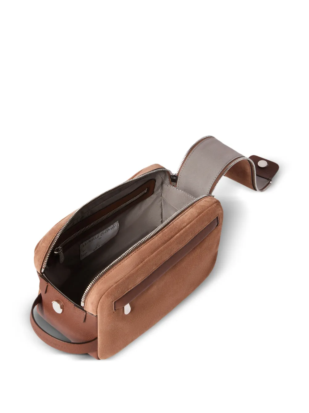 Brunello Cucinelli Suède en buffelleren toilettas met dubbele rits Bruin