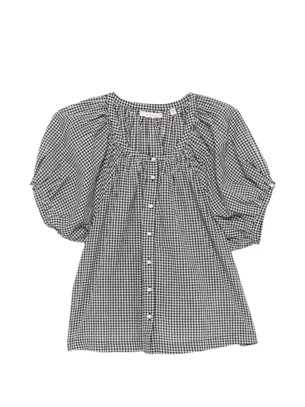 Dôen June Gingham-check Puff-sleeve Top in Black