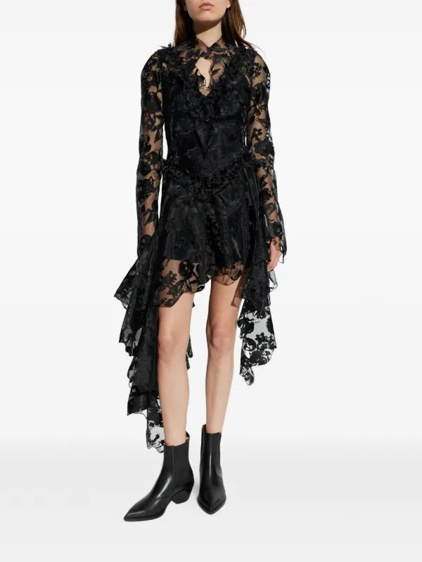 alexander mcqueen black lace dress 2010 Alexander McQueen Black Crepe & Sheer Illusion Lace High-Low Gown