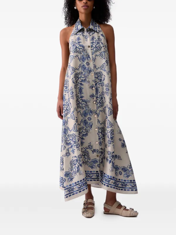 foulard print long dress Reiss Ellie Foulard-print Tie-neck Midi Dress