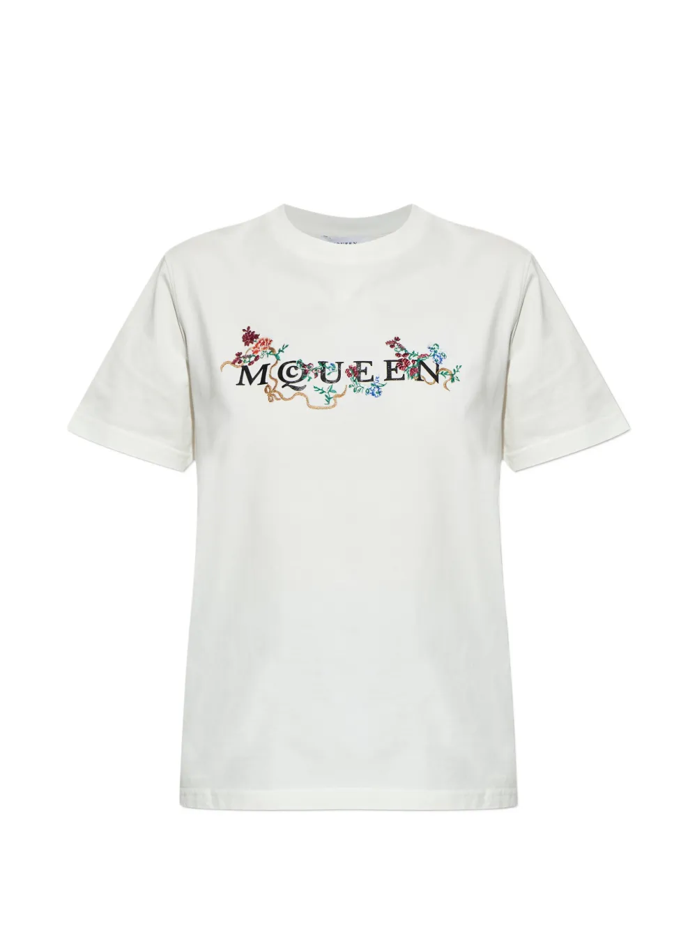 Alexander McQueen floral-embroidered logo T-shirt - Bianco
