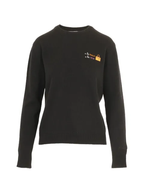 MC2 Saint Barth black New Queen wool and cashmere blend crewneck with o la borsa o la vita embroidery