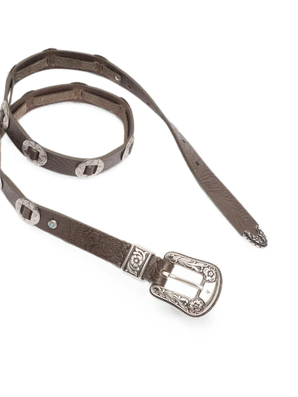 Golden Goose Riem van gewassen bruin leer met verhoogde bloemen-patroon en metalen inlays