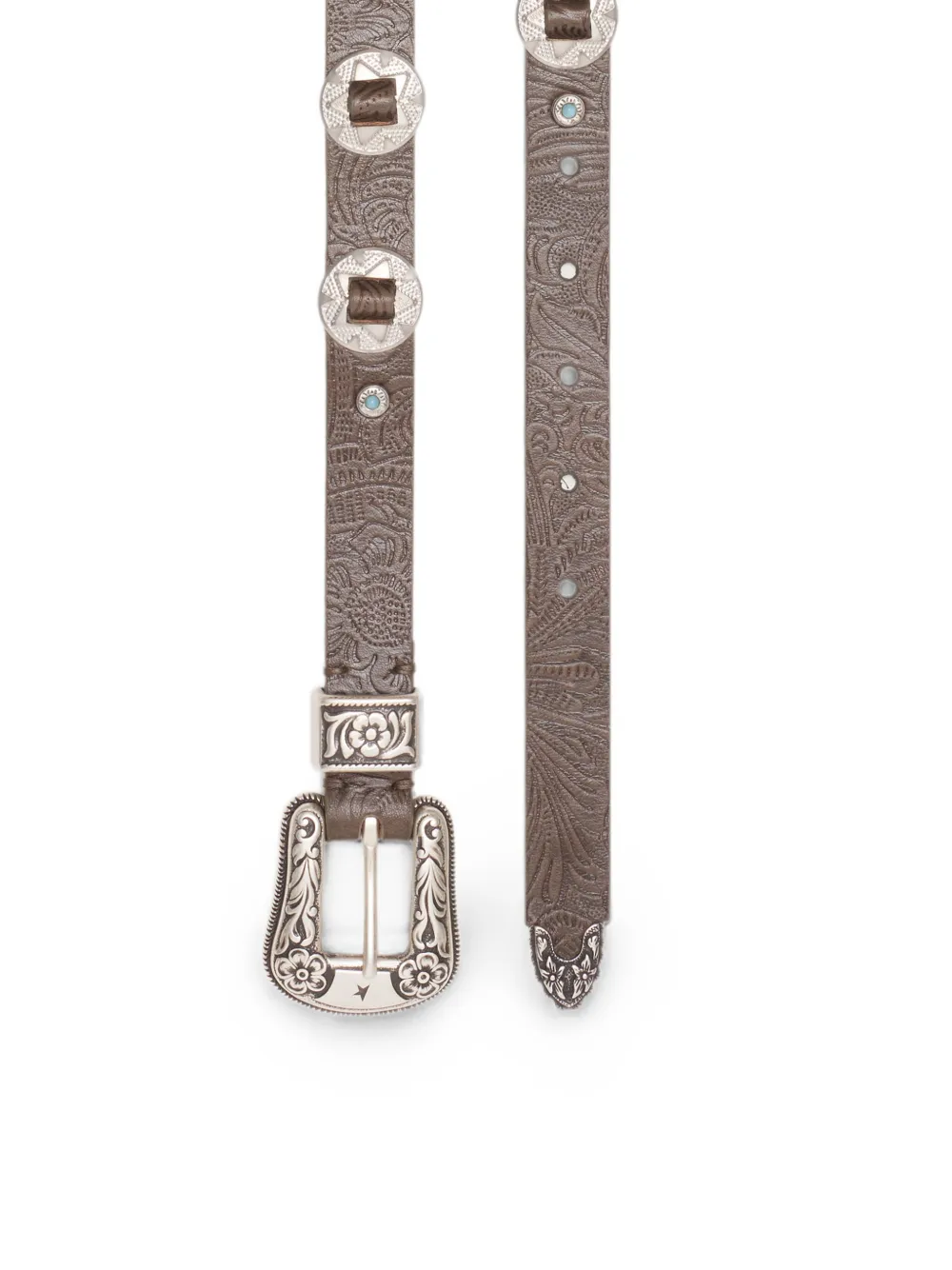 Golden Goose Riem van gewassen bruin leer met verhoogde bloemen-patroon en metalen inlays