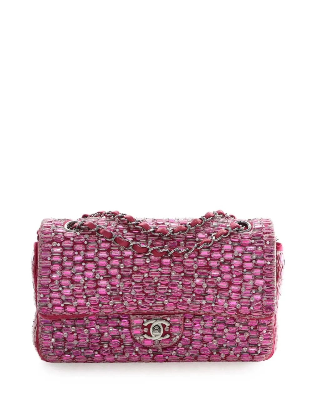 CHANEL Pre-Owned 2016-2017 Medium Classic Satin Pearl Beaded Double Flap shoulder bag - Rosa