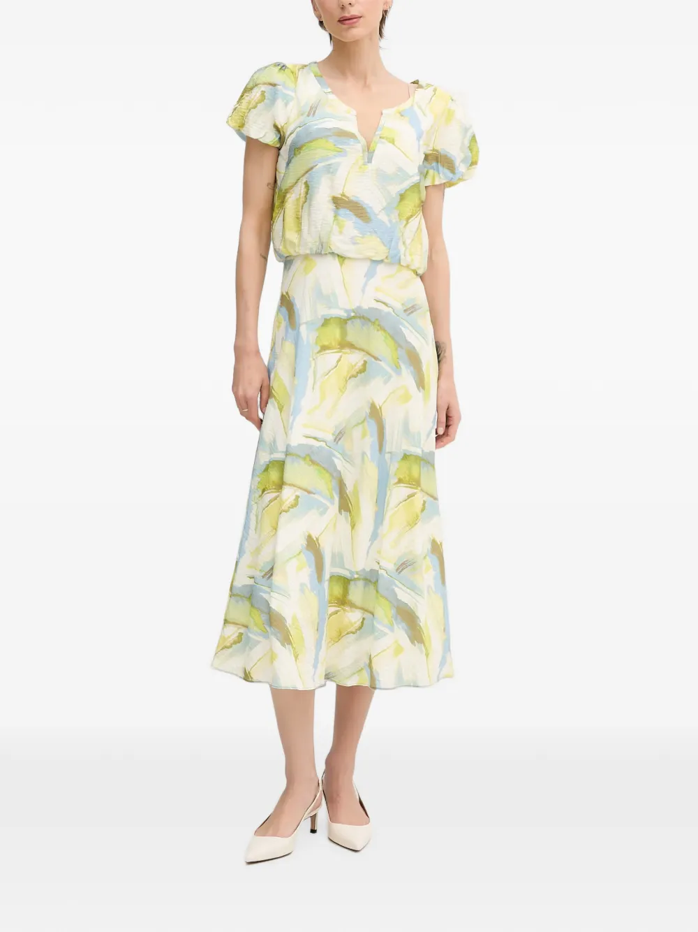 DKNY V-neck puff-sleeve midi dress - Bianco