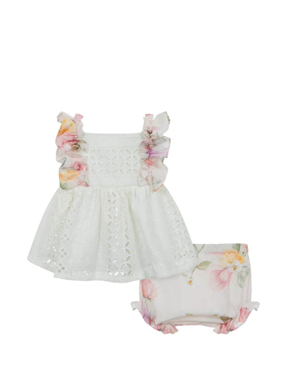 Lapin House floral-detail ruffled dress set - Bianco