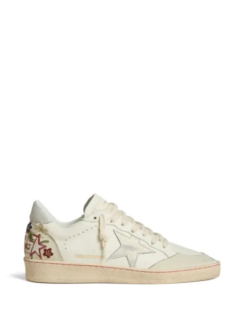 Golden Goose Ball Star in leather with platinum suede star and multicolor floral embroidery
