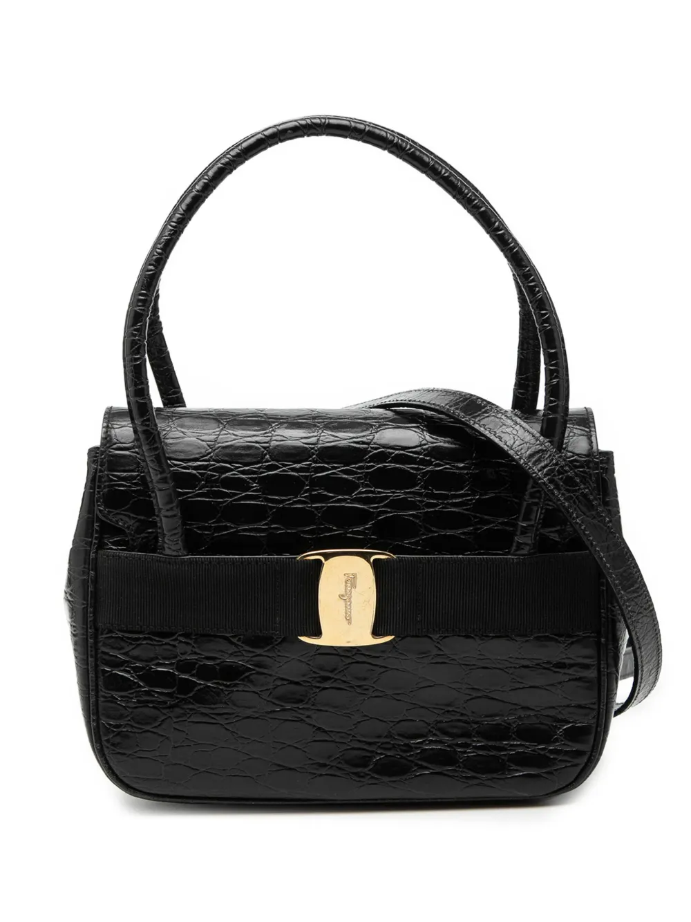 Ferragamo Pre-Owned 2010-2025 Croc Embossed Vara Bow Top Handle Bag satchel - Nero
