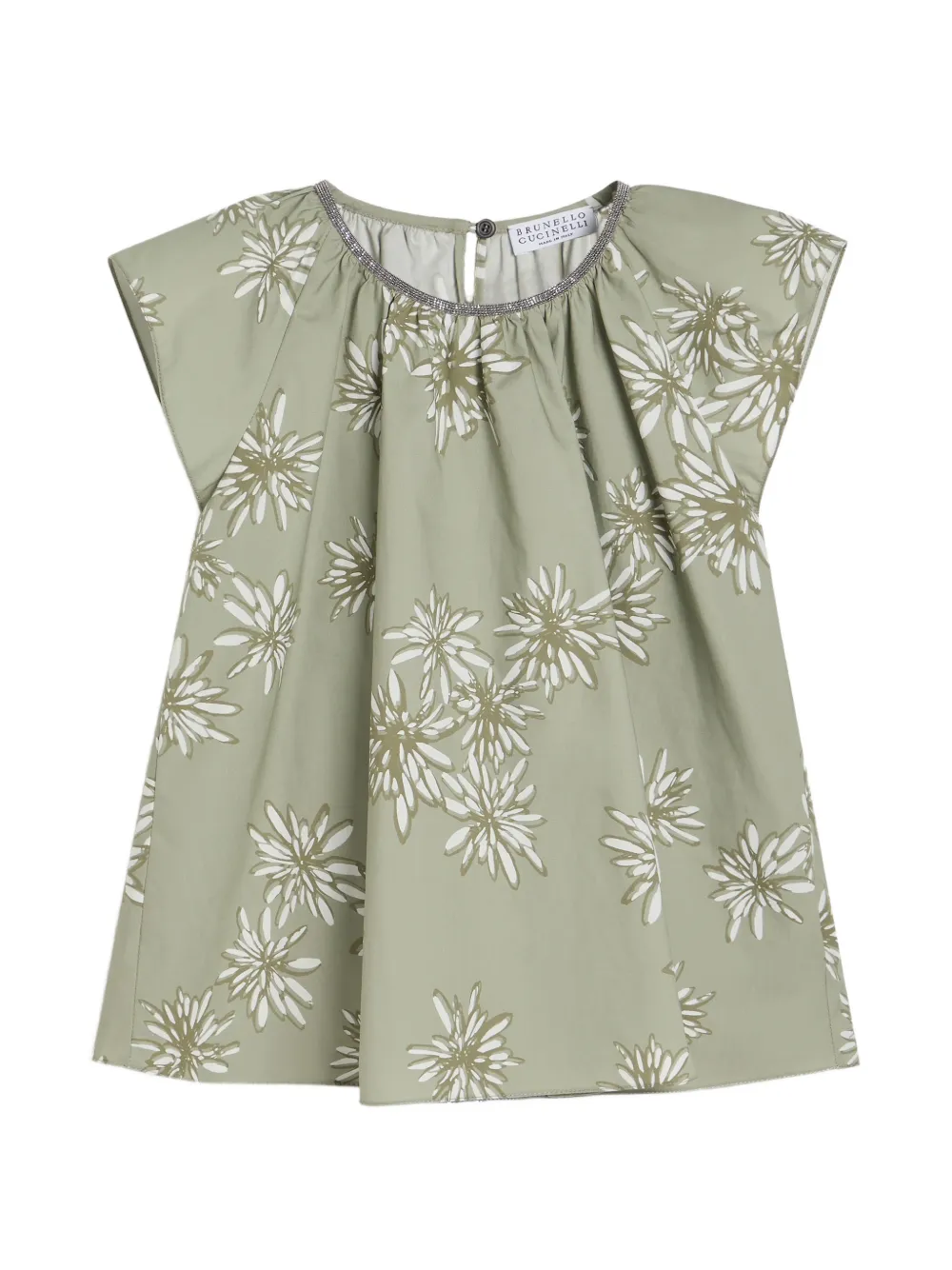 Brunello Cucinelli Kids Top in popeline di cotone con stampa margherite e decorazioni Monili - Verde