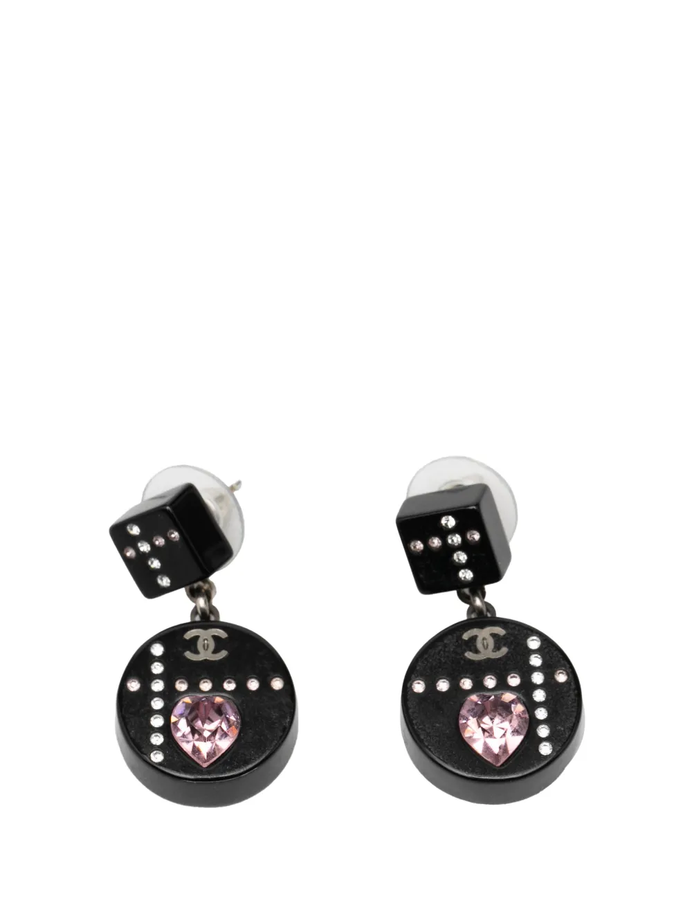 CHANEL Pre-Owned 2004 Resin CC Dice and Heart Crystal Drop Push Back Earrings costume earrings - Nero