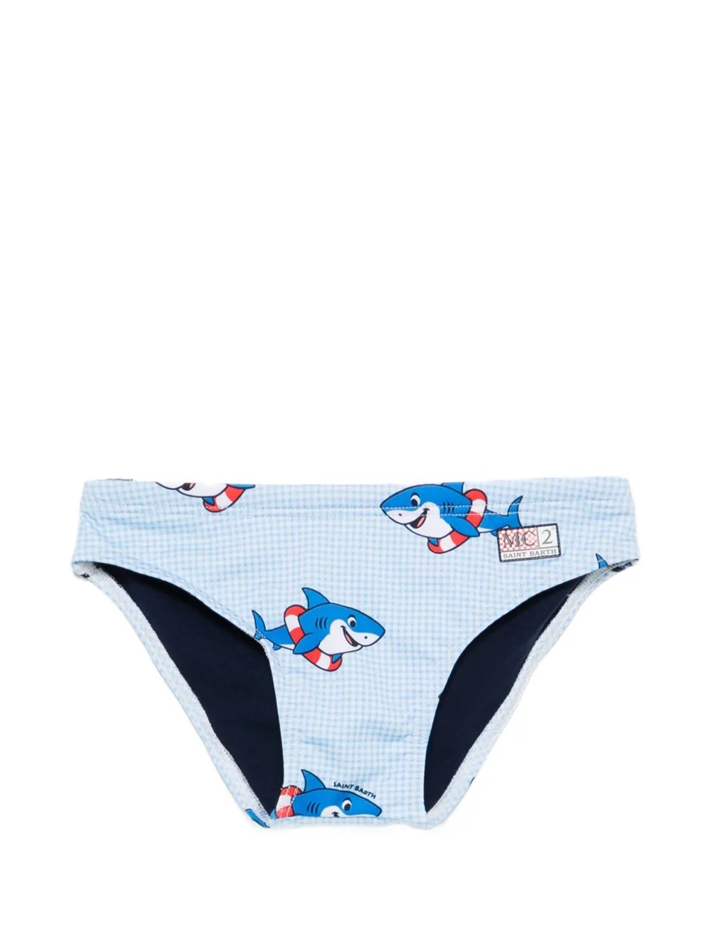 MC2 Saint Barth Kids Billy gingham shark-print swim trunks - Blu